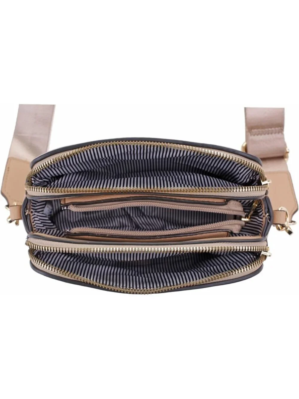 Women's Neutral  Trendy Triple Zip Small Crossbody Bag Purse with Guitar Strap